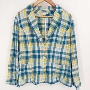 Pendleton Petite‎ Plaid Linen Blazer Jacket Womens L Preppy Academia Blue Green